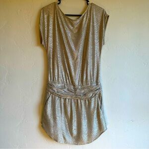 BCBGeneration gold crinkle drop waist mini dress with pockets.